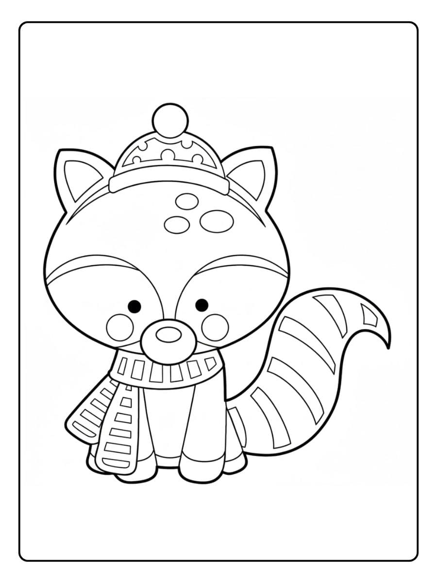 Ausmalbilder Winter Tiere Waschbär mit Mütze und Schal