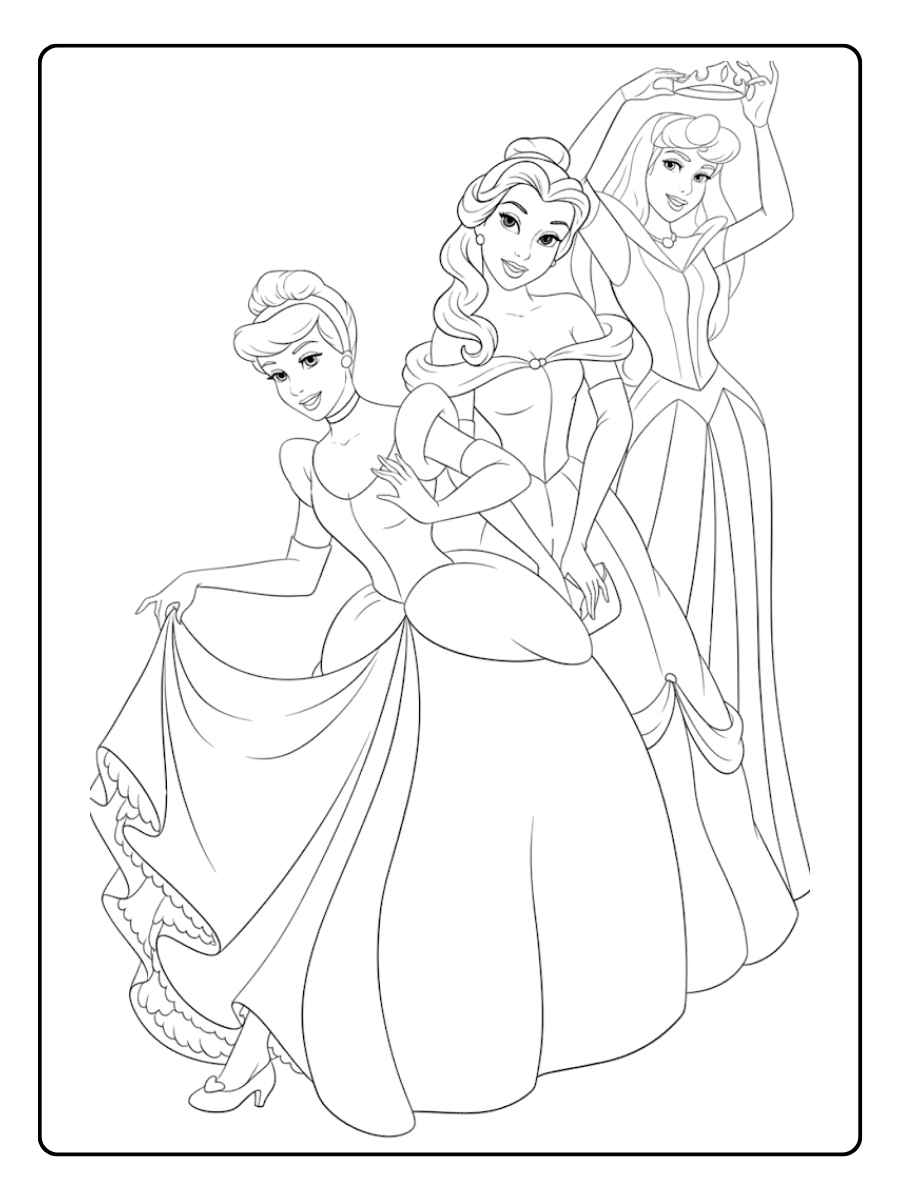 Drei zauberhafte Prinzessinnen ausmalbild Prinzessin