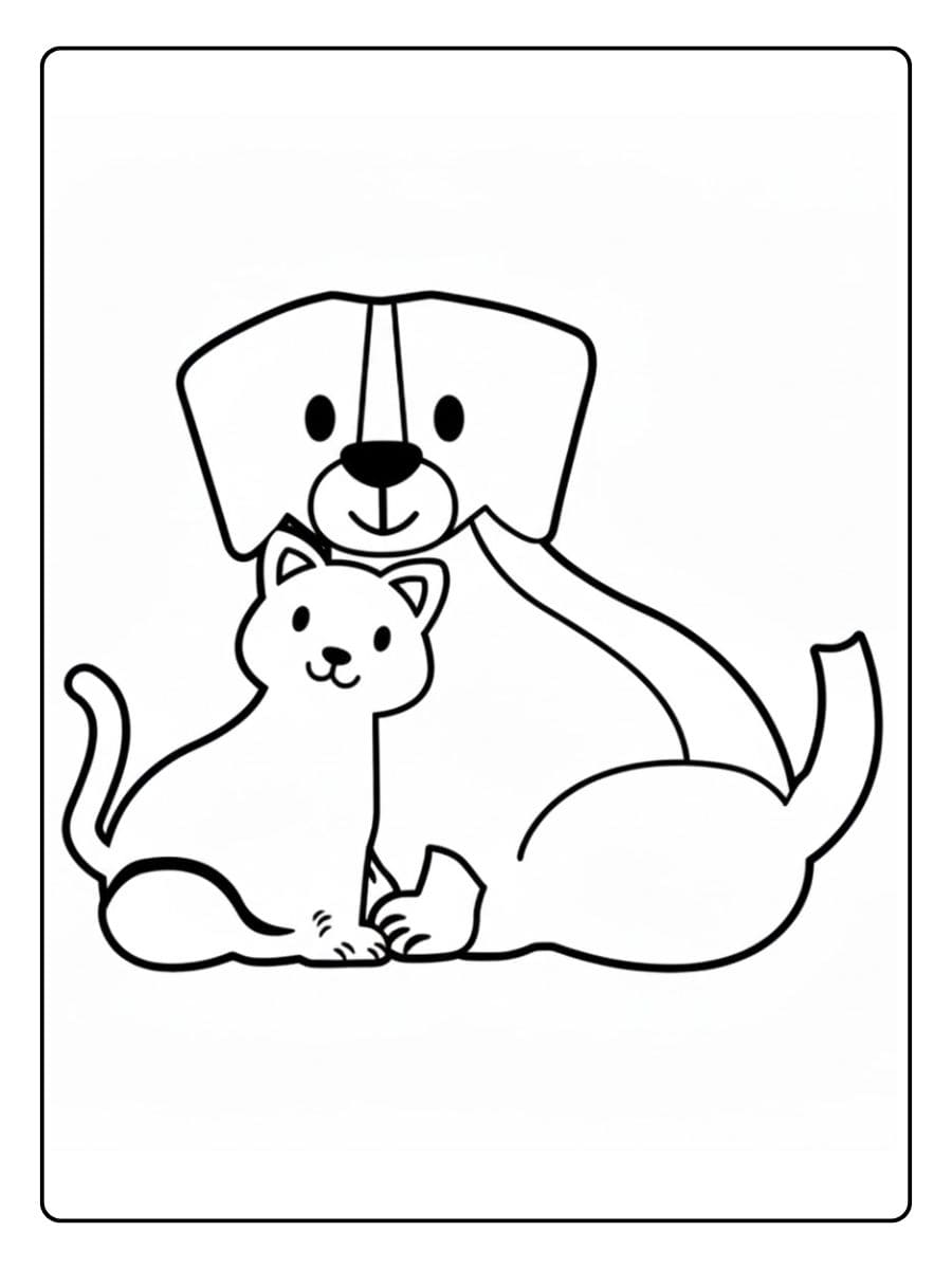 Einfaches Ausmalbild von Hund und Katze als Dschungelfreunde mit Blättern und Naturmotiven