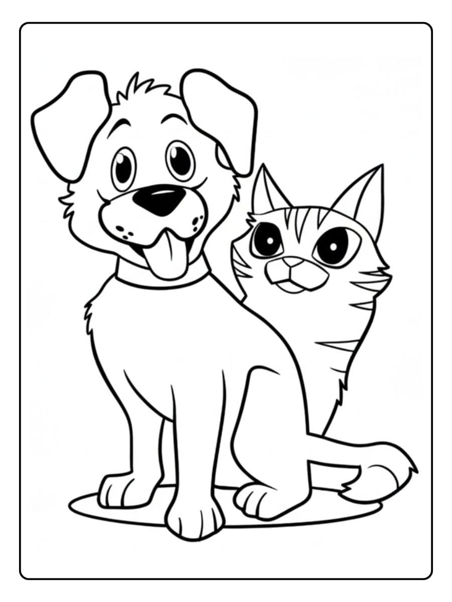 Malvorlage Hund und Katze als Dschungelfreunde umgeben von tropischen Blättern und Blumen