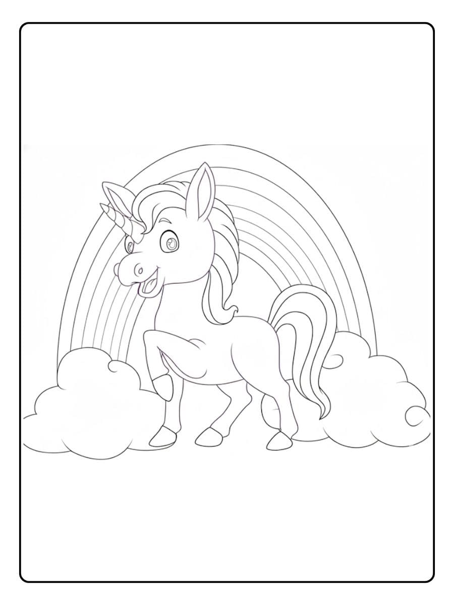 Einfaches Ausmalbild Regenbogen Einhorn auf Wolken
