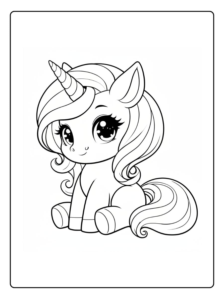 Ausmalbild von einem extrem niedlichen Baby-Einhorn im Kawaii-Stil, das brav auf dem Boden sitzt.