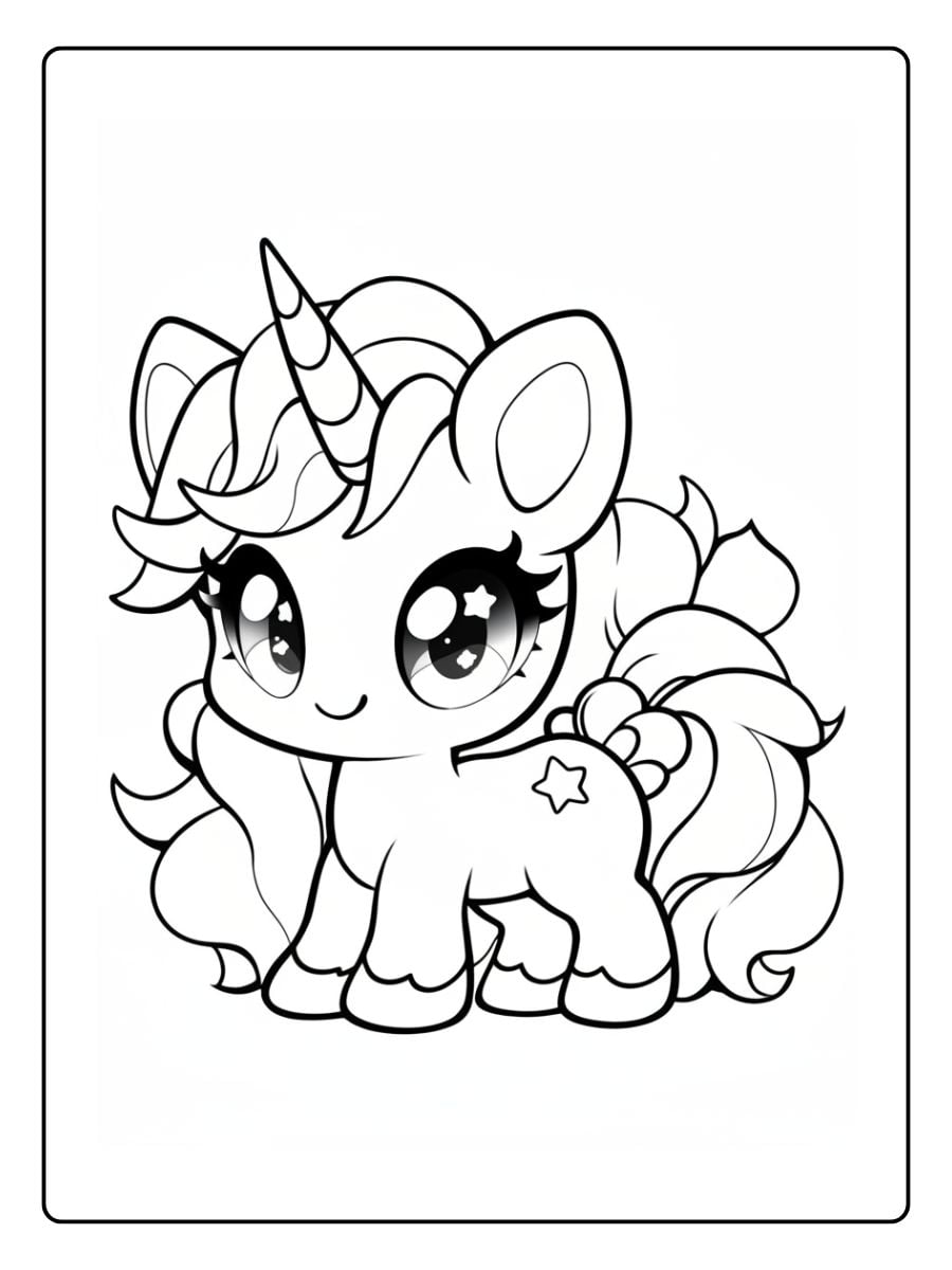 Wunderschönes Ausmalbild von einem extrem niedlichen Baby-Einhorn im Chibi-Stil.