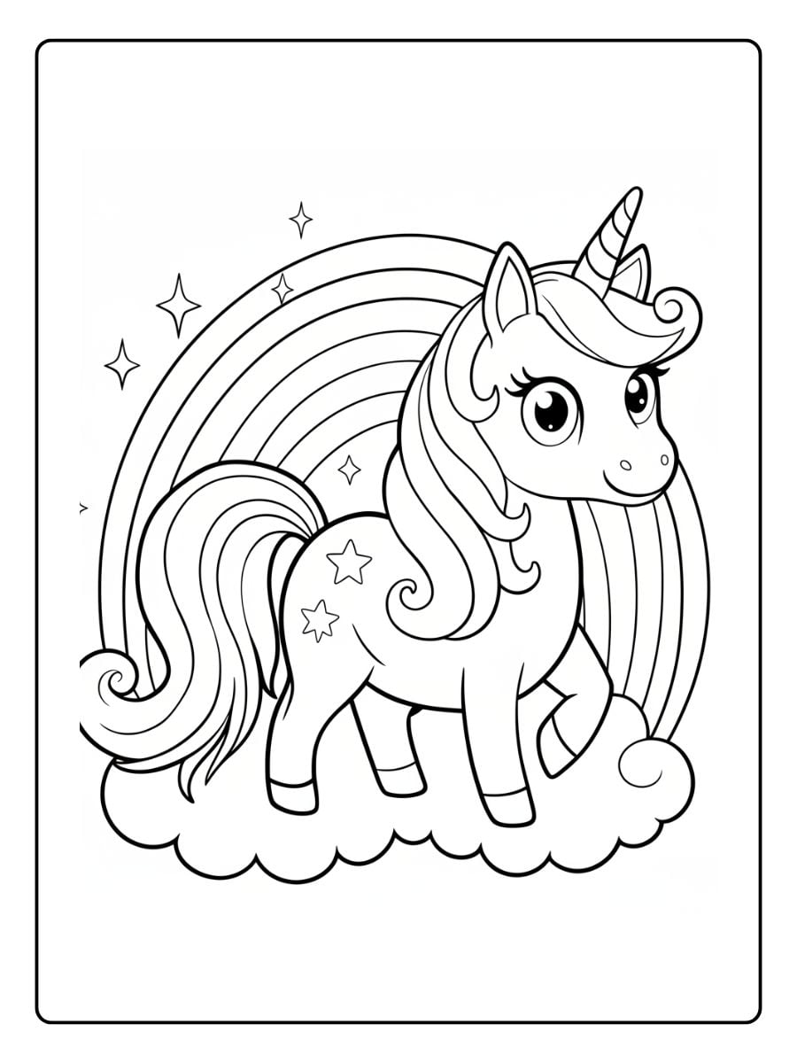 Magisches Ausmalbild von einem süßen Einhorn, das stolz auf einer flauschigen Wolke steht.