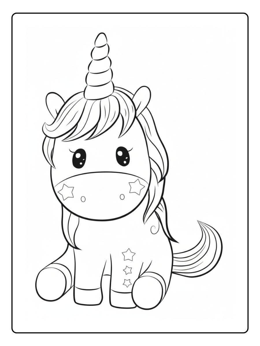 Sehr einfaches Ausmalbild von einem süßen Baby-Einhorn, das brav auf dem Boden sitzt.