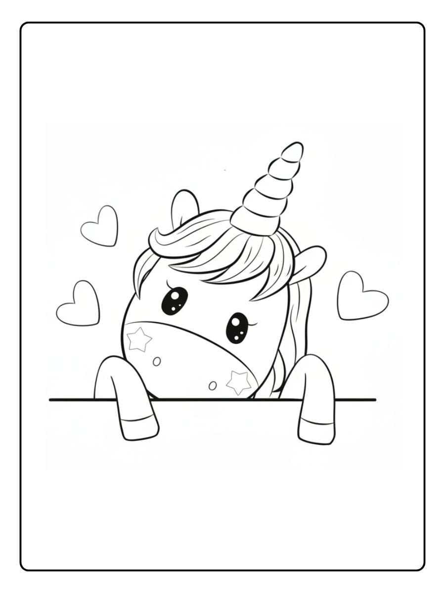 Sehr einfaches Ausmalbild von einem extrem süßen Baby-Einhorn, das neugierig über einen Rand oder eine Mauer lugt.