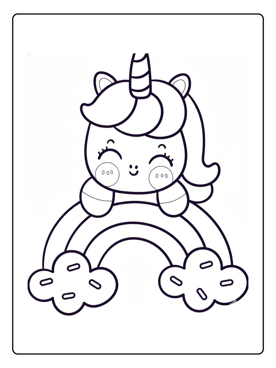 Süßes Ausmalbild von einem kleinen Kawaii-Einhorn, das fröhlich mit seinen Pfoten über einen dicken Regenbogen schaut.