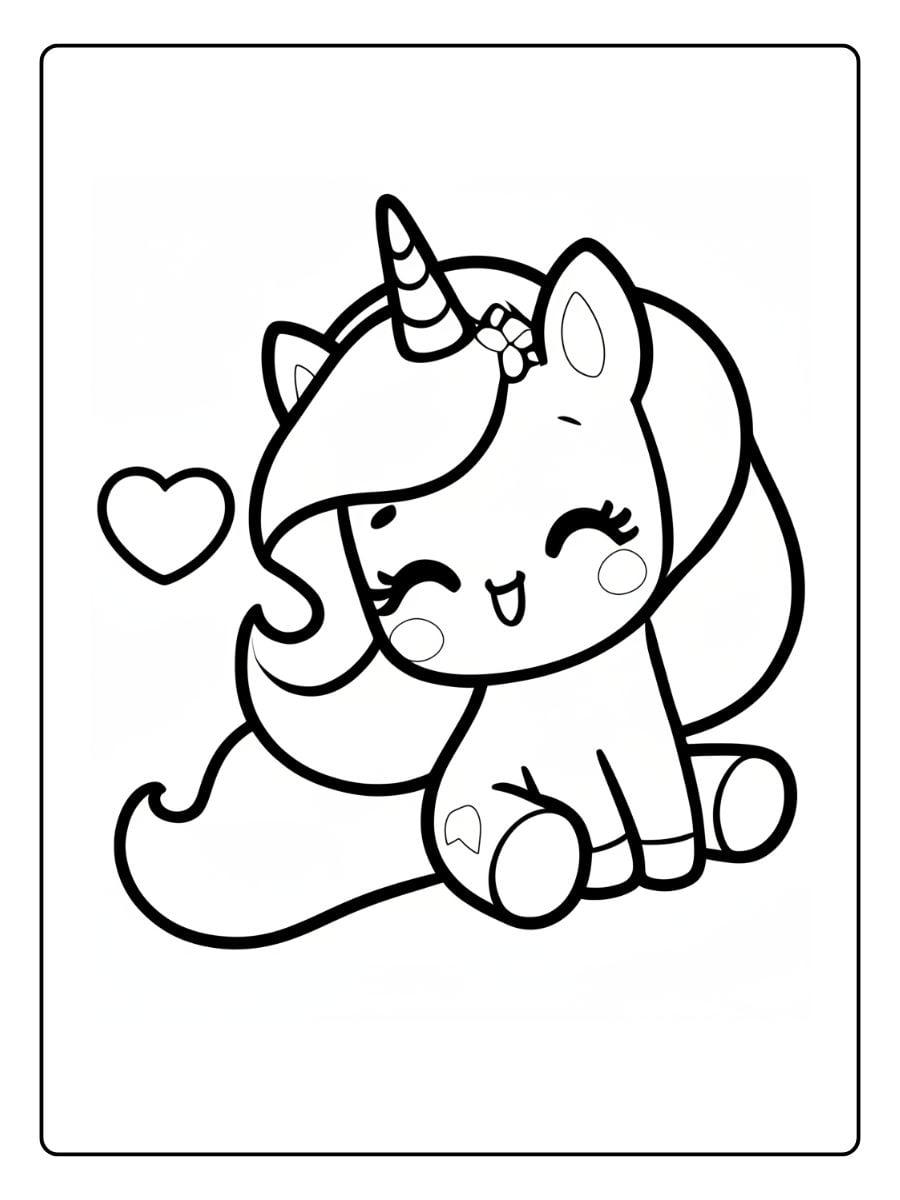 Sehr einfaches Ausmalbild von einem extrem niedlichen Baby-Einhorn im Kawaii-Stil, das brav auf dem Boden sitzt.