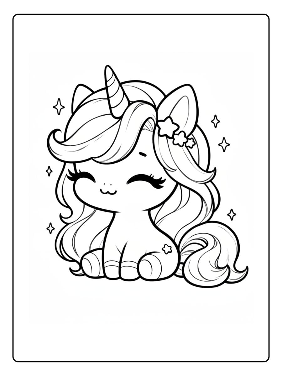 Wunderschönes und einfaches Ausmalbild von einem extrem niedlichen Baby-Einhorn, das friedlich auf dem Boden sitzt.