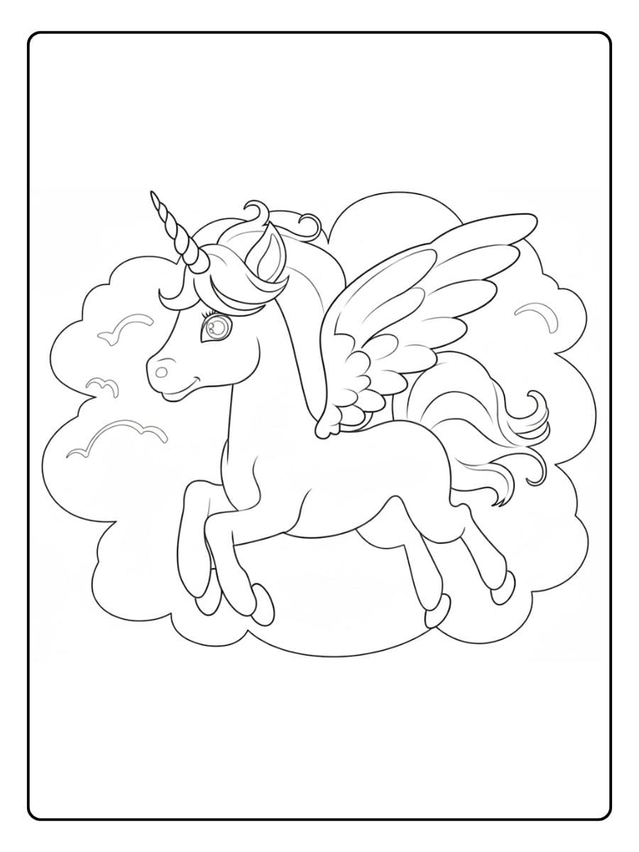 Einhorn mit Flügeln Ausmalbild Große Linien für Anfänger