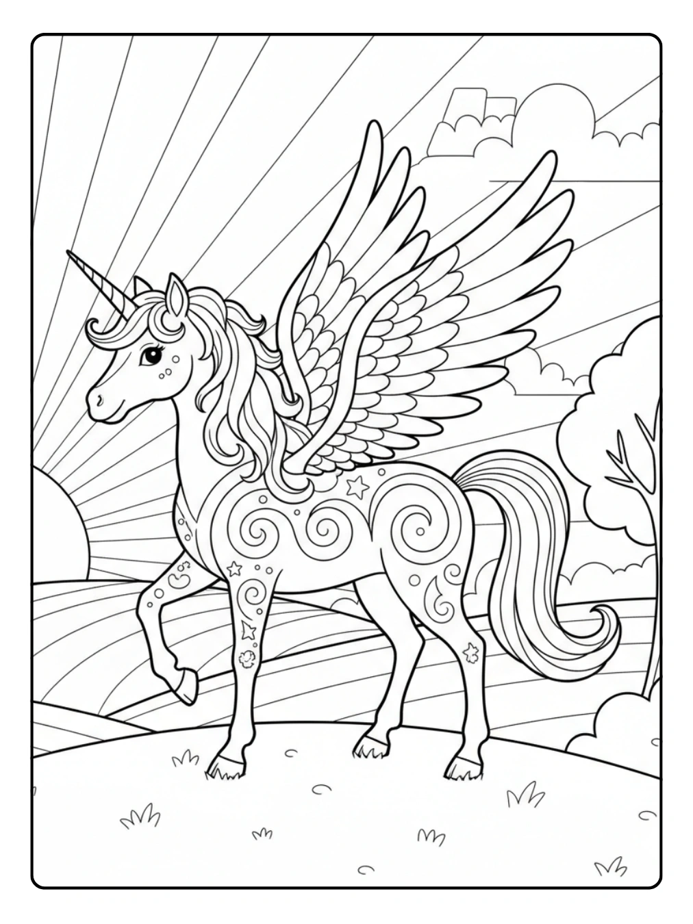 Einhorn mit Flügeln Ausmalbild am hellen Morgen