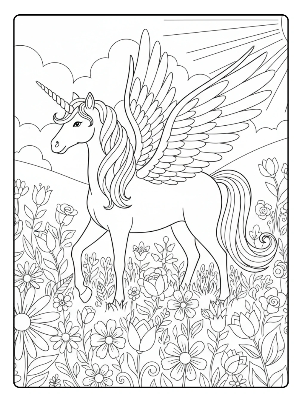 Einhorn mit Flügeln Ausmalbild im Blumenfeld