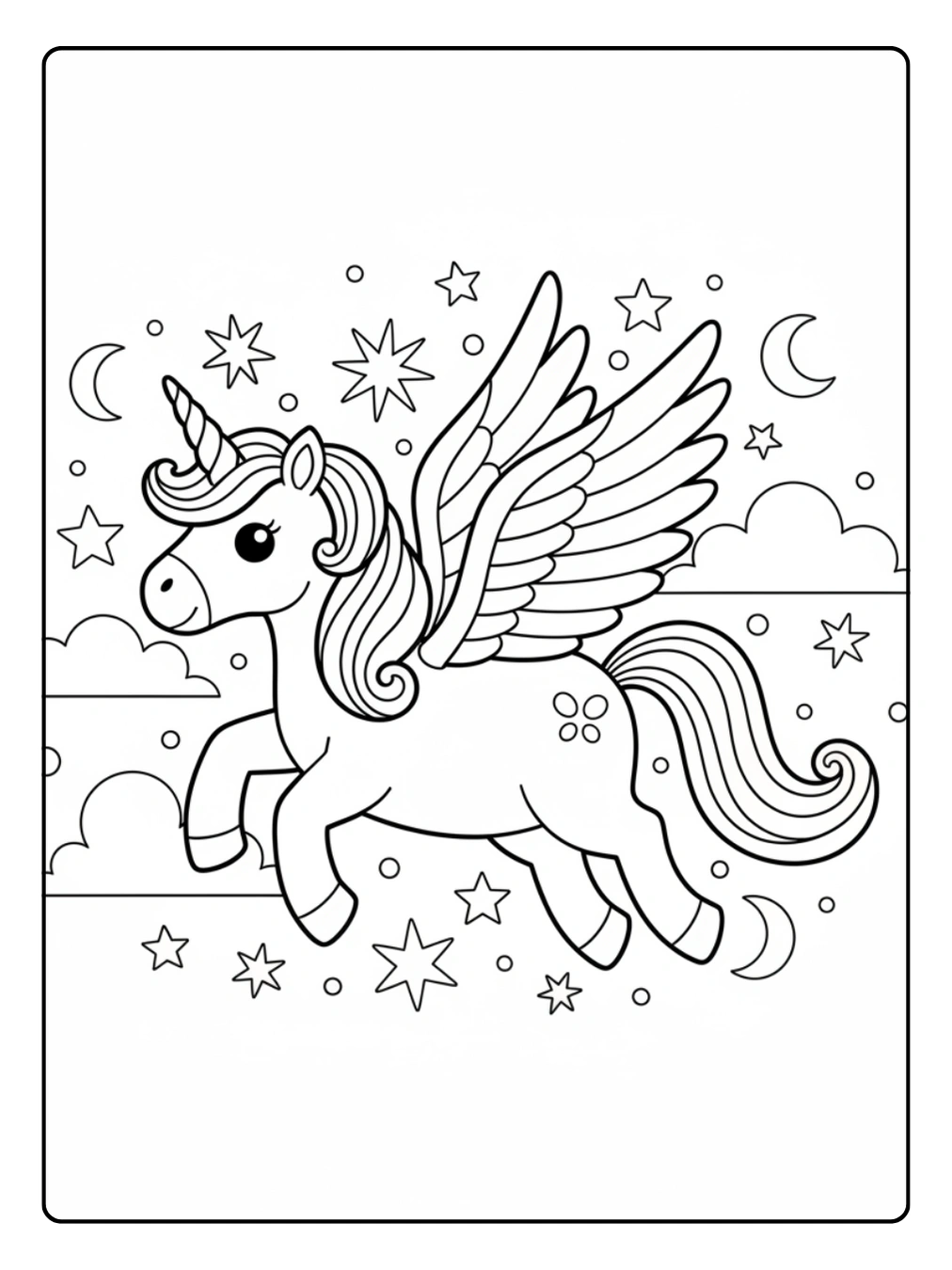 Einhorn mit Flügeln Ausmalbild im Sternenhimmel