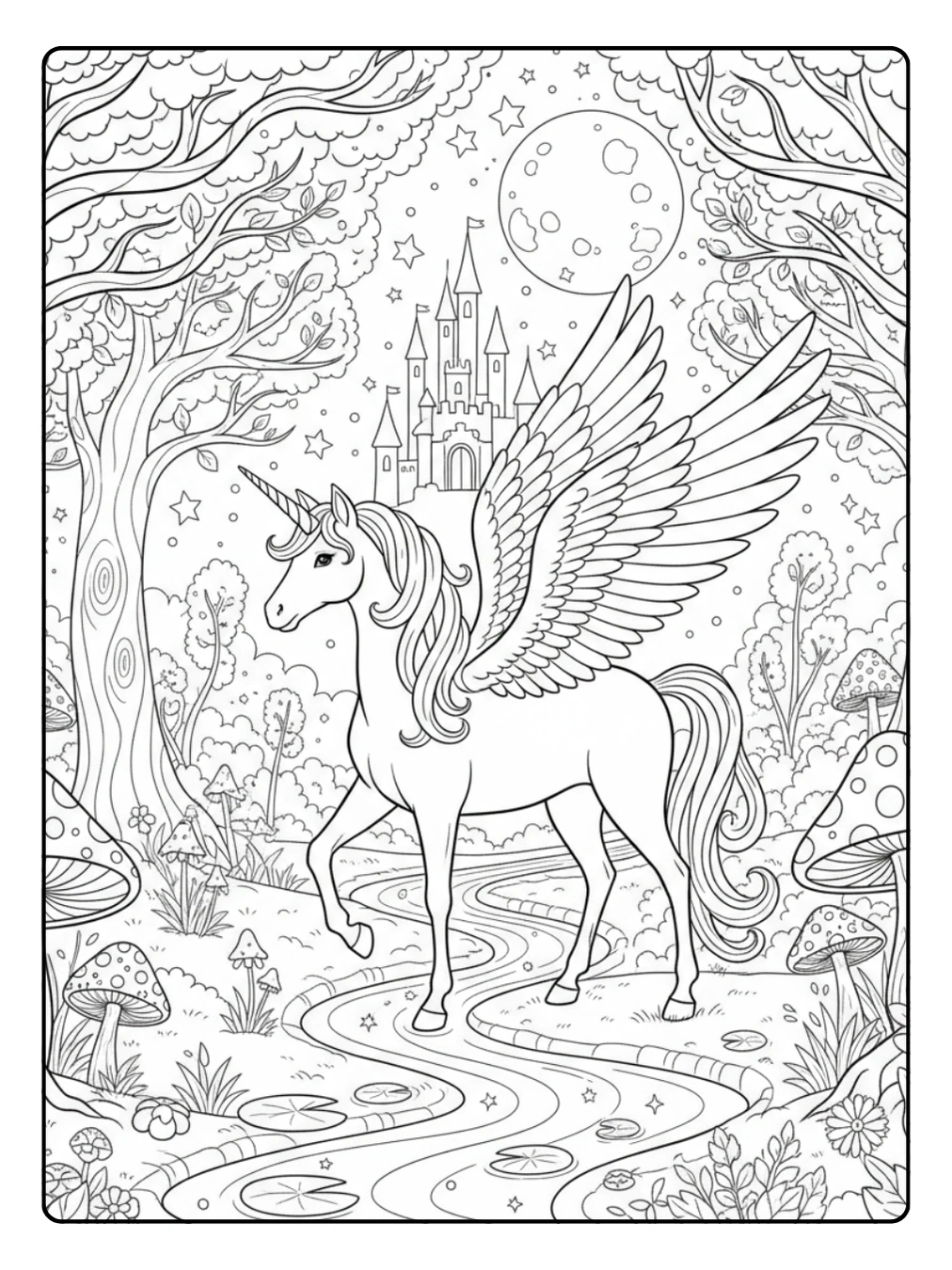 Einhorn mit Flügeln Ausmalbild im zauberhaften Wald