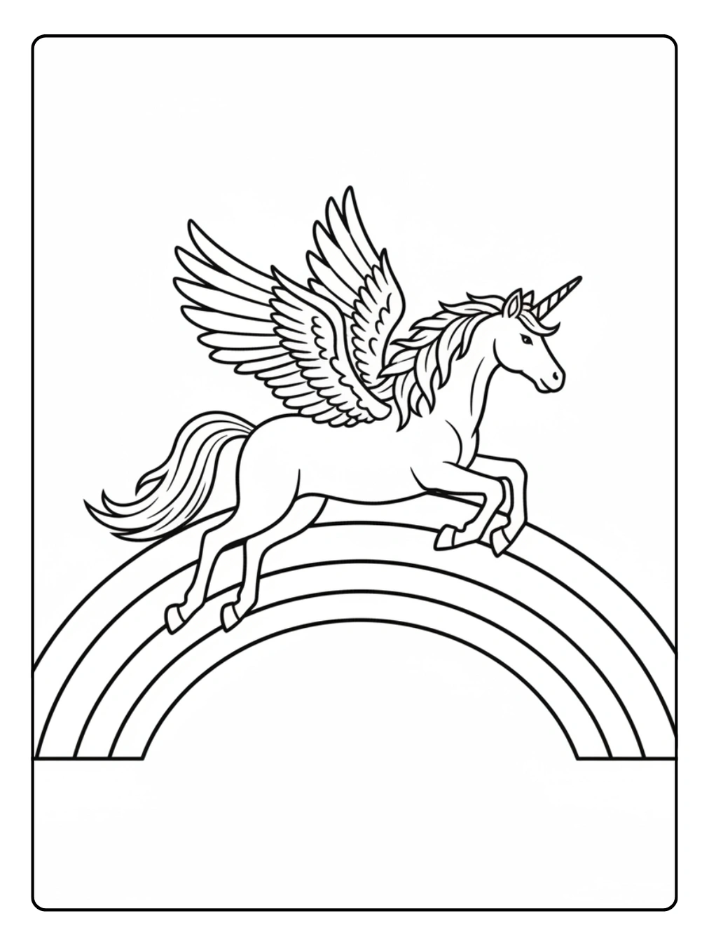Einhorn mit Flügeln Ausmalbild über Regenbogen