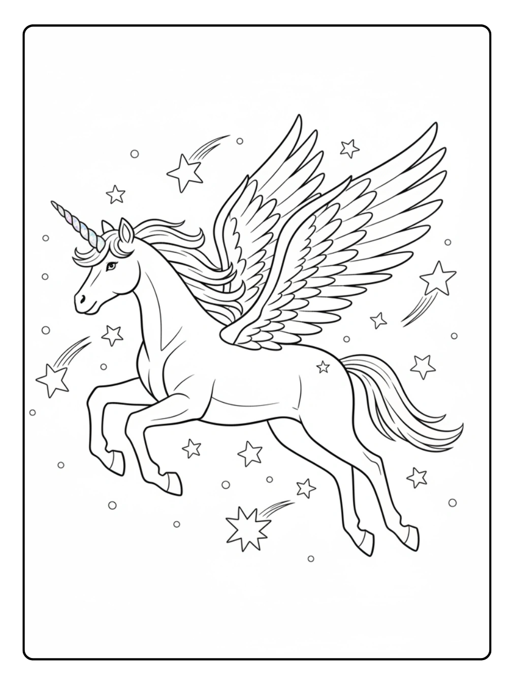 Einhorn mit Flügeln Ausmalbild und funkelnden Sternen