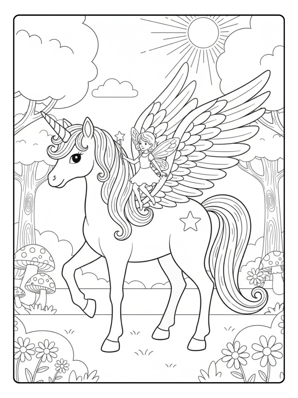 Einhorn mit Flügeln Ausmalbild und kleiner Fee