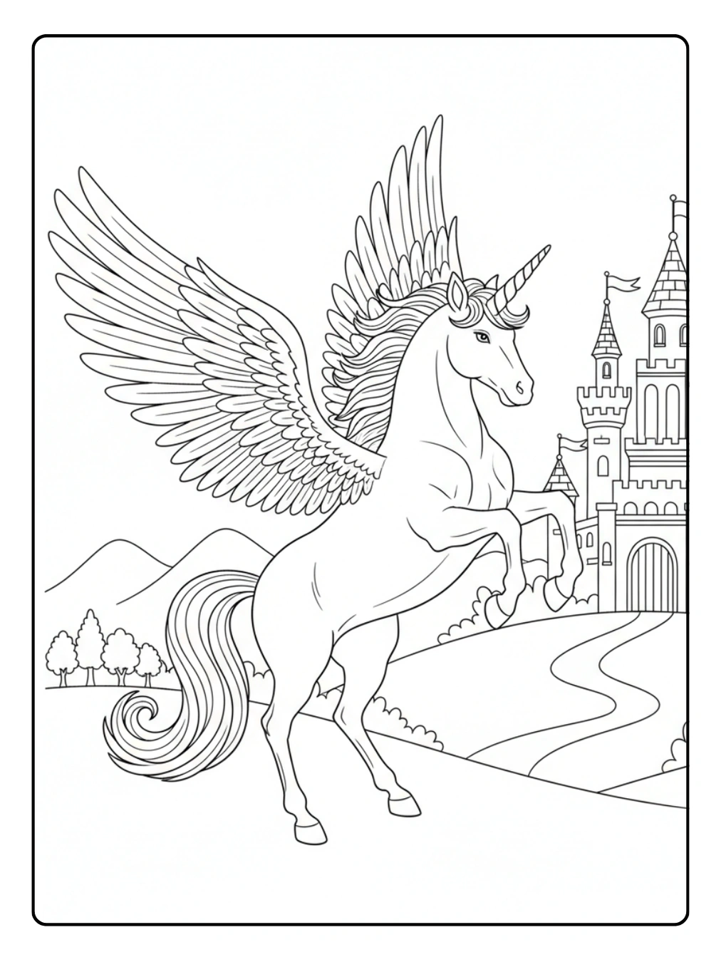 Einhorn mit Flügeln Ausmalbild vor Schlosskulisse