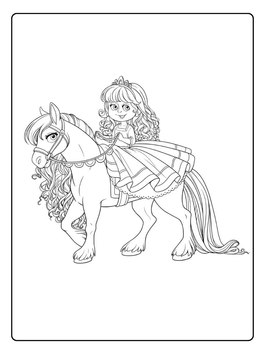 Elegante Prinzessin auf dem Pferd ausmalbild Prinzessin Pferd