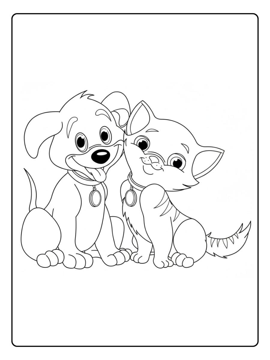 Malvorlage ein kleiner Welpe liegt entspannt, während eine süße Katze auf seinem Rücken schläft