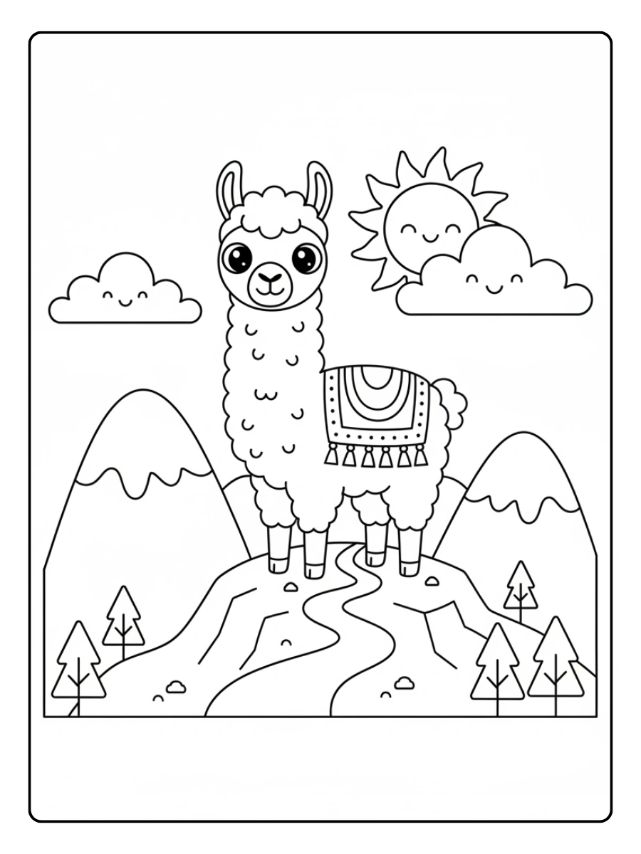 Freundliches Lama in den Bergen Ausmalbilder Tiere für 10 Jährige