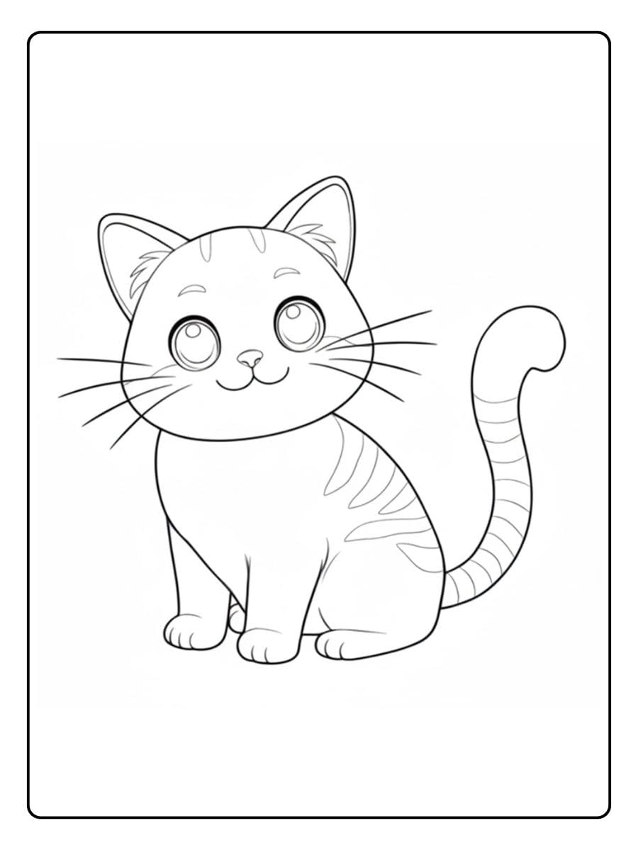 Ein kostenloses Ausmalbild einer niedlichen, sitzenden Katze mit großen Augen và Streifen.
