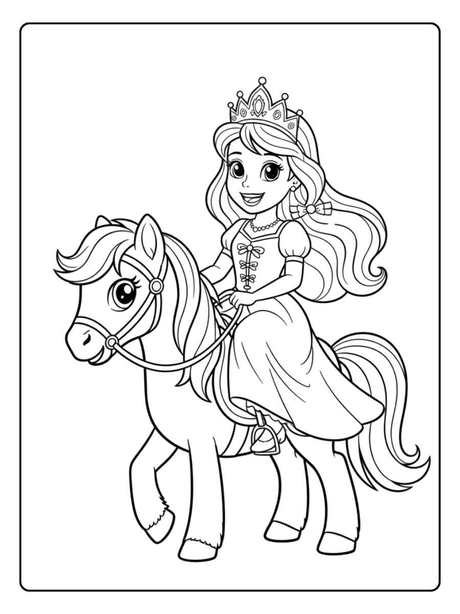 Glückliche Prinzessin und ihr Pferd ausmalbild Prinzessin Pferd