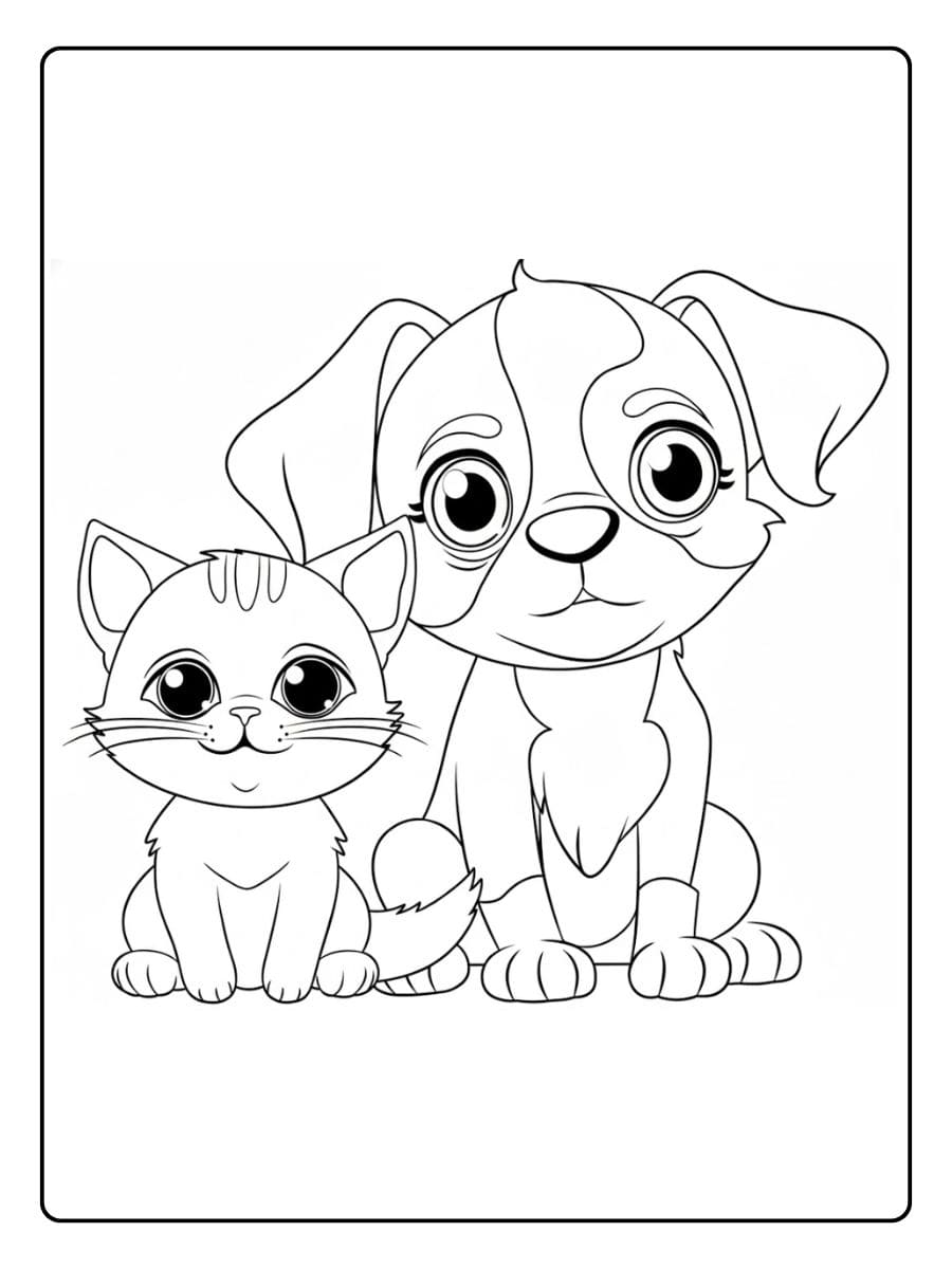 Süße Malvorlage eine kleine Katze sitzt auf dem Kopf eines großen liegenden Hundes