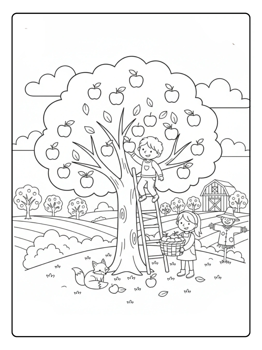 Herbst Ausmalbild Apfelernte im Obstgarten