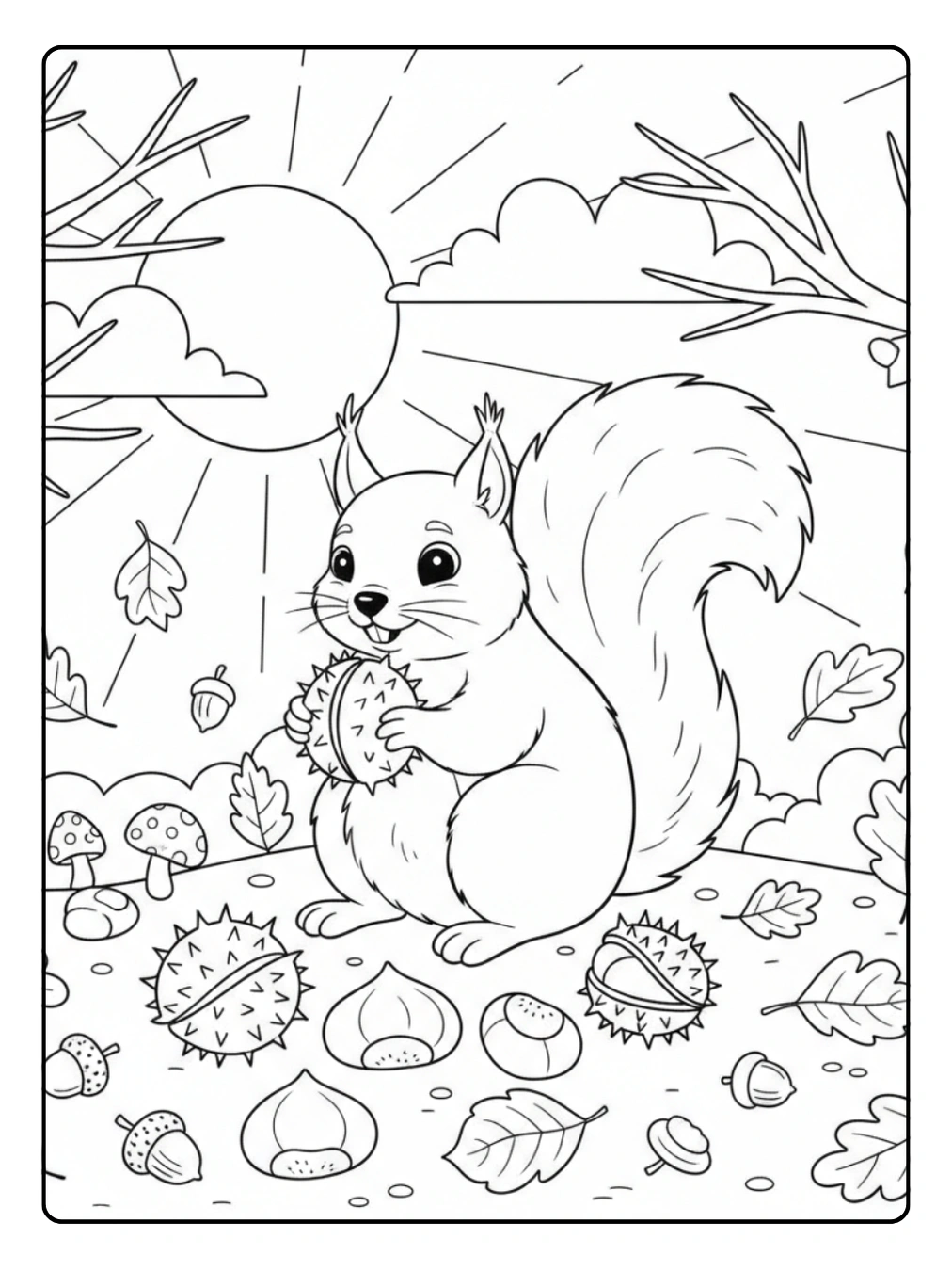 Herbst Ausmalbild Eichhörnchen sammelt Kastanien