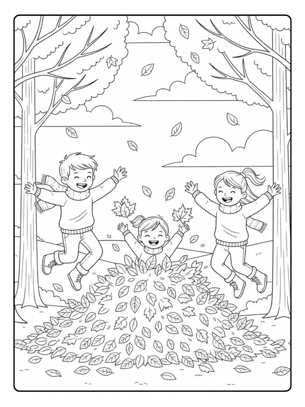 Herbst Ausmalbild Kinder springen in Blätterhaufen