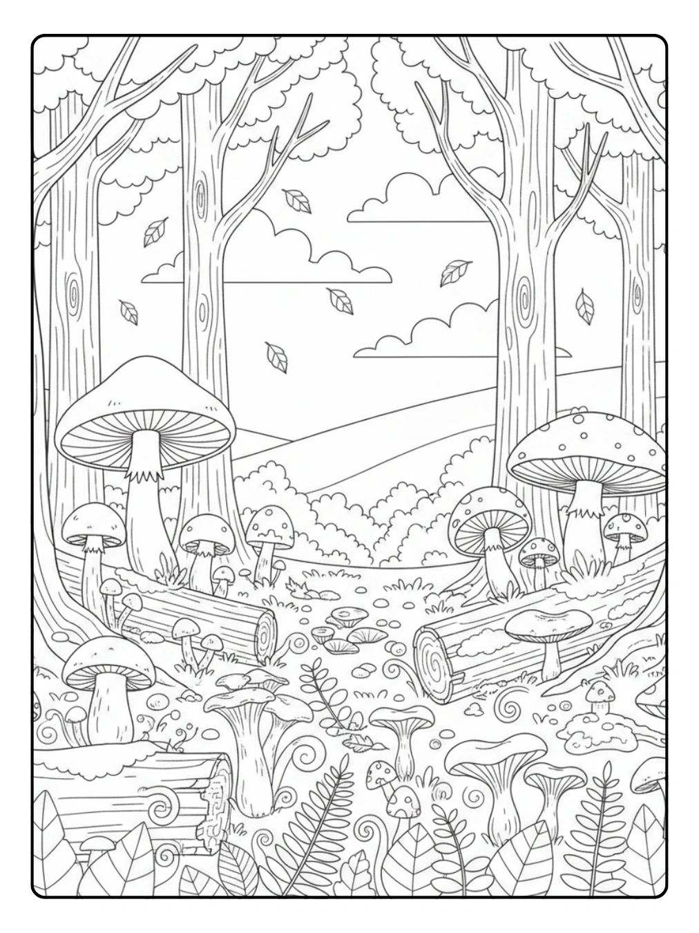Herbst Ausmalbild Pilze im stillen Wald