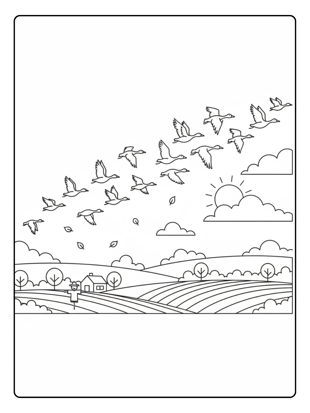 Herbst Ausmalbild Vogelzug am Himmel