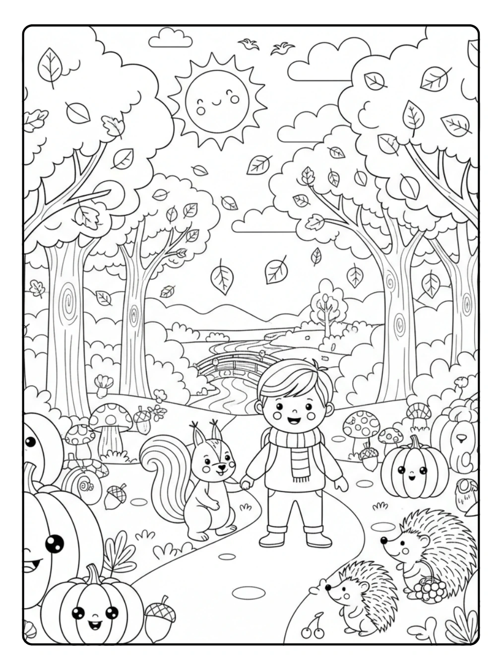 Herbst Ausmalbild Waldspaziergang für Kinder