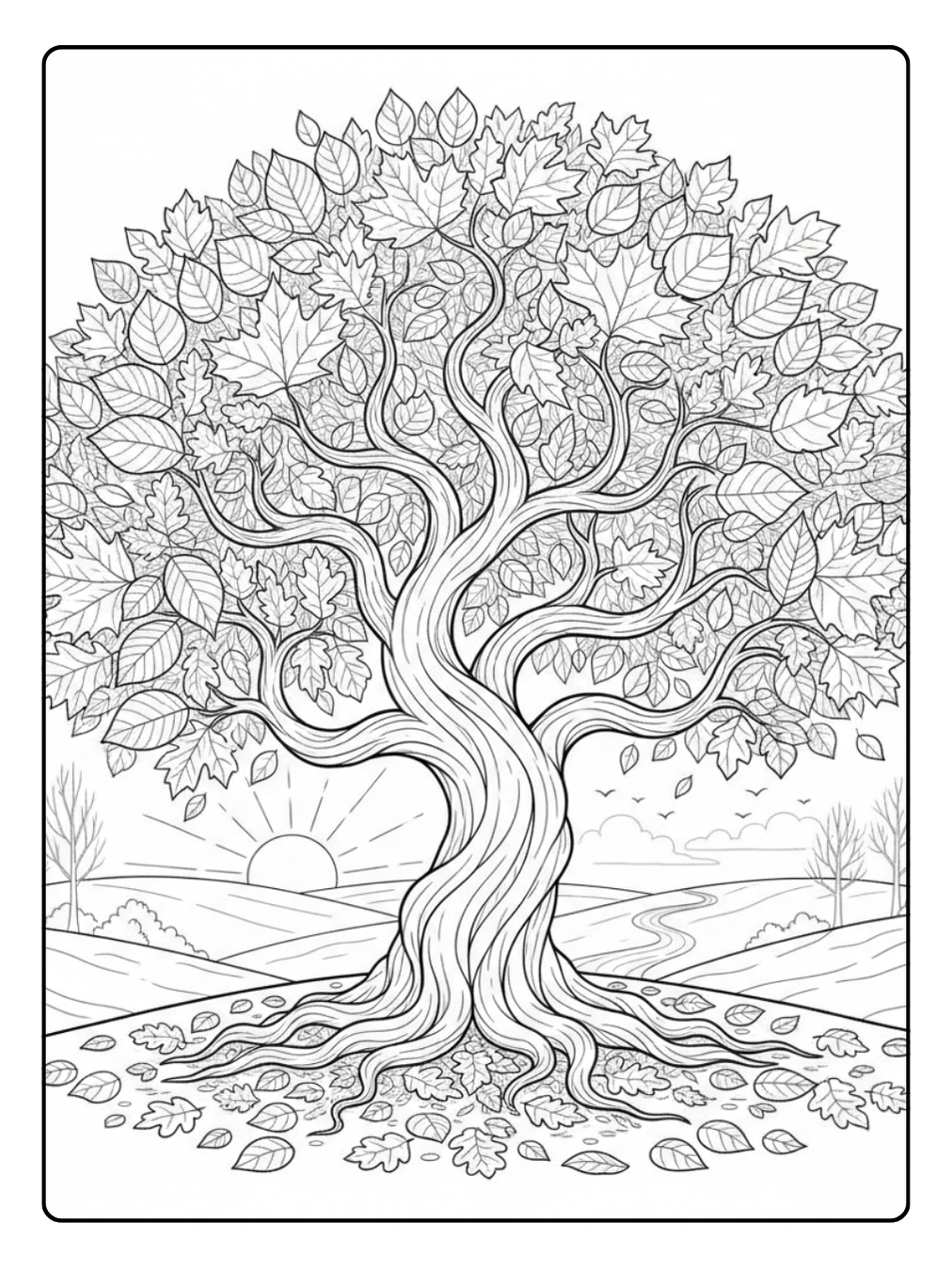 Herbst Ausmalbild alter Baum mit goldenem Laub