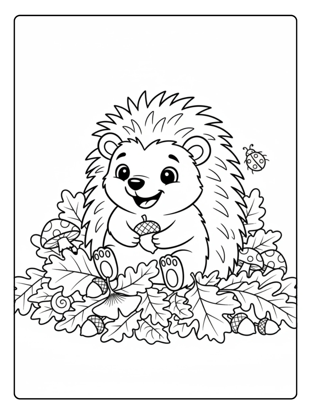 Herbst Ausmalbild fröhlicher Igel im Laubhaufen