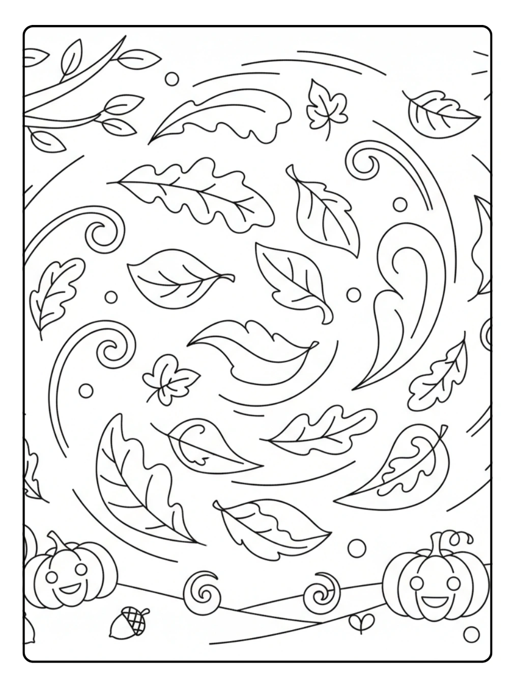 Herbst Ausmalbild mit tanzenden Blättern im Wind