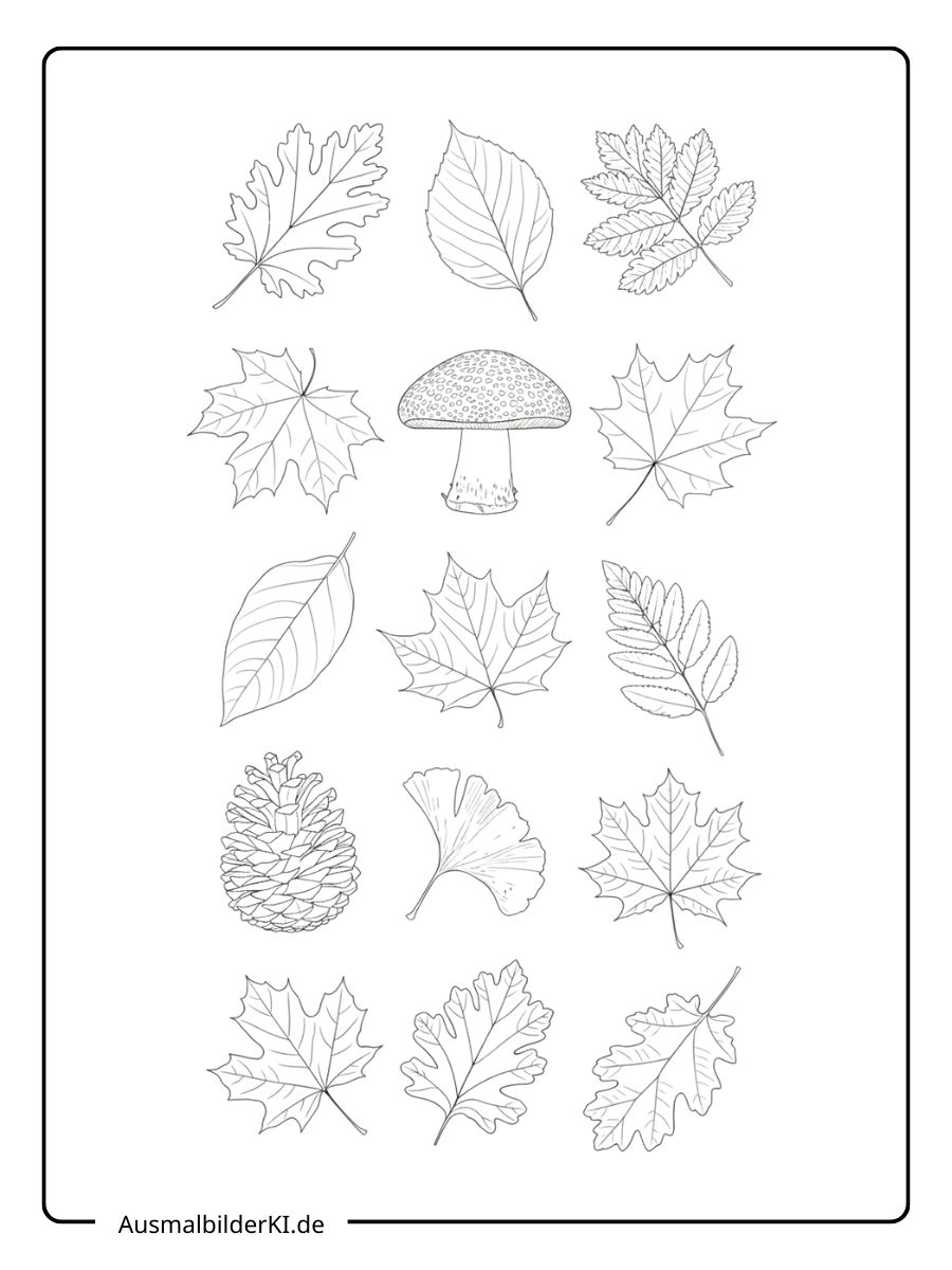 Herbstblätter Ausmalbild - Blätter und Pilze