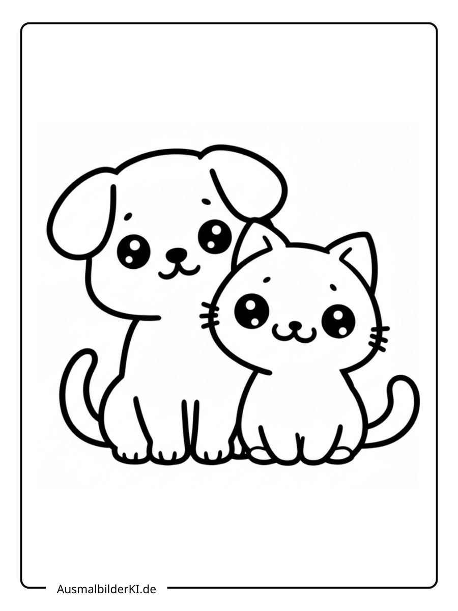 Einfaches Ausmalbild im Kawaii-Stil mit einem süßen Hund und einer kleinen Katze, die eng nebeneinander sitzen
