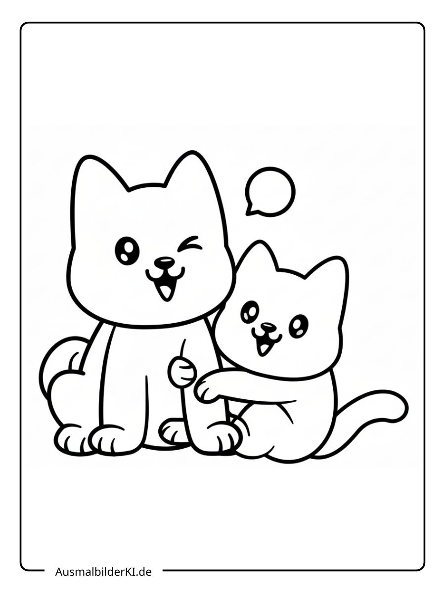 Ausmalbild ein zwinkernder Hund und eine lachende Katze mit einer Sprechblase