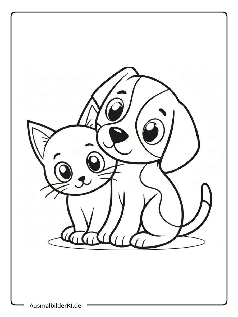Ausmalbild ein süßer Welpe neigt seinen Kopf liebevoll zu einem kleinen Kätzchen