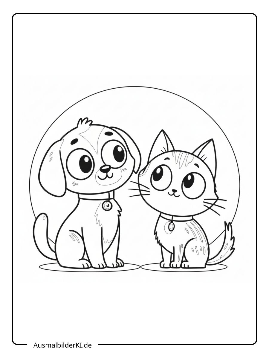 Cartoon Hund und Katze mit großen Augen Malvorlage.