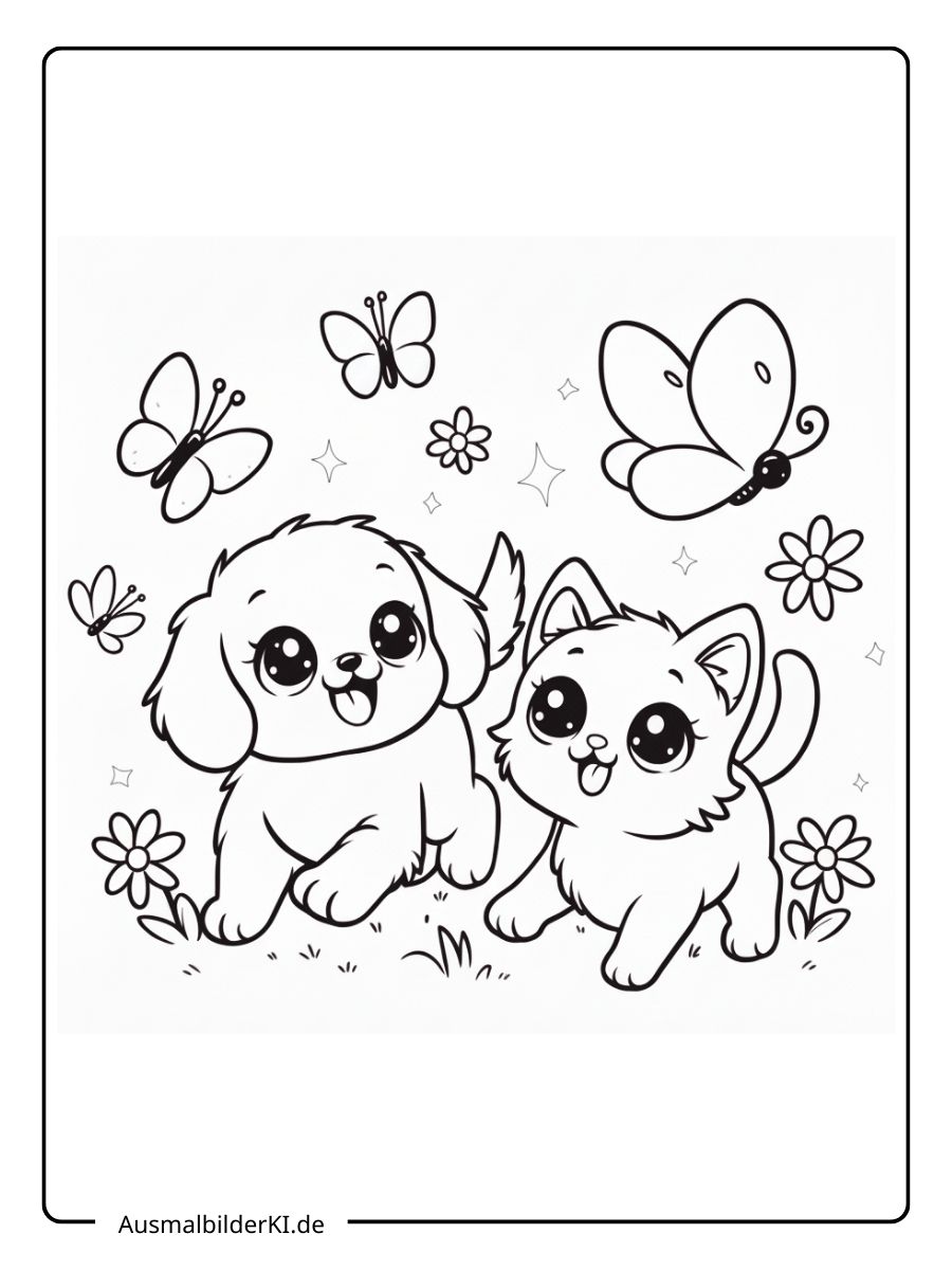 Süßes Ausmalbild eine kleine Katze schläft auf dem Kopf eines liegenden Hundes