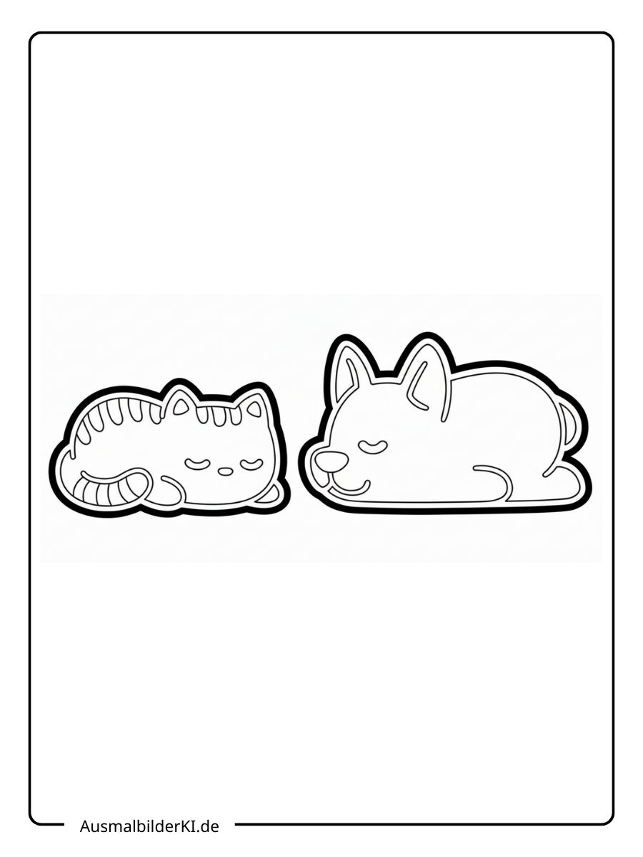 Sehr einfaches Ausmalbild eine Katze und ein Hund schlafen friedlich nebeneinander