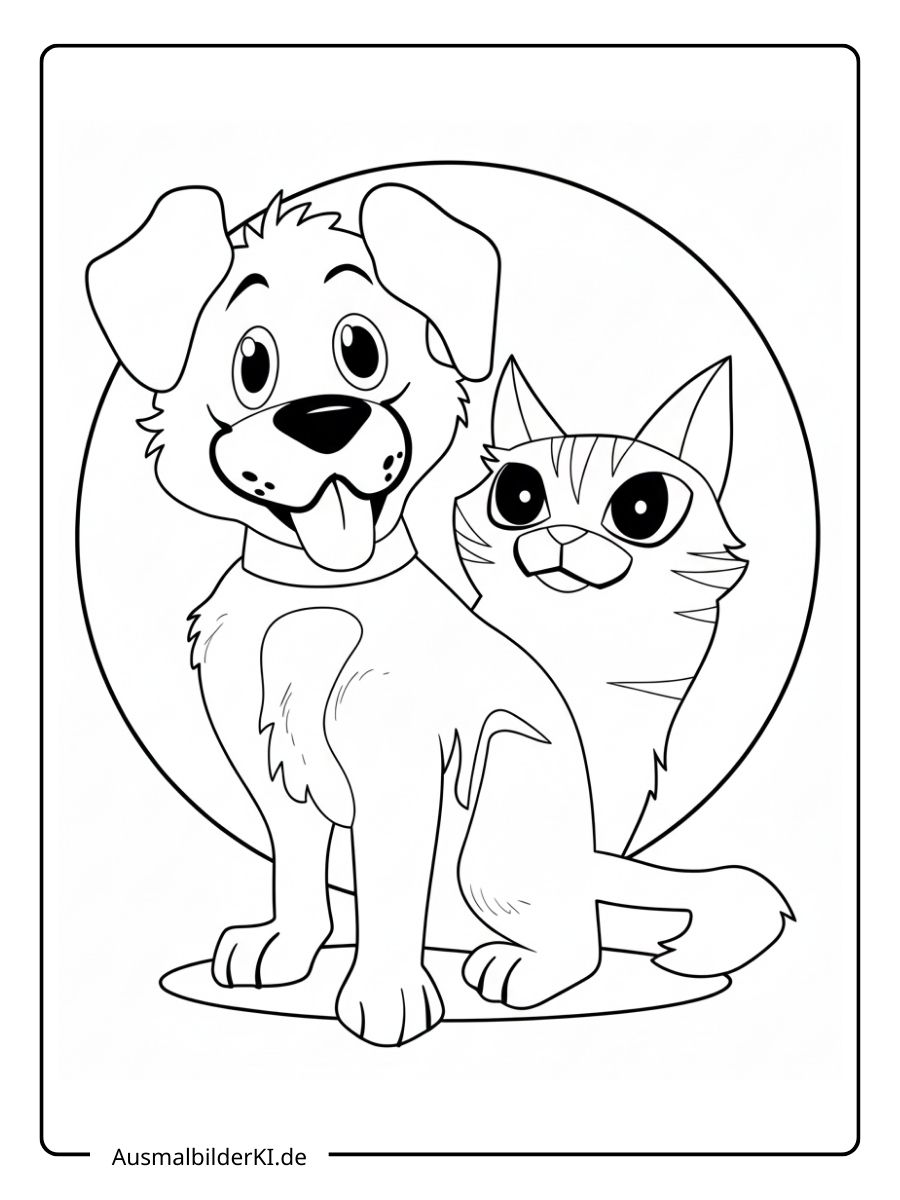 Ausmalbild ein fröhlicher Hund mit heraushängender Zunge und eine Katze vor einem runden Hintergrund