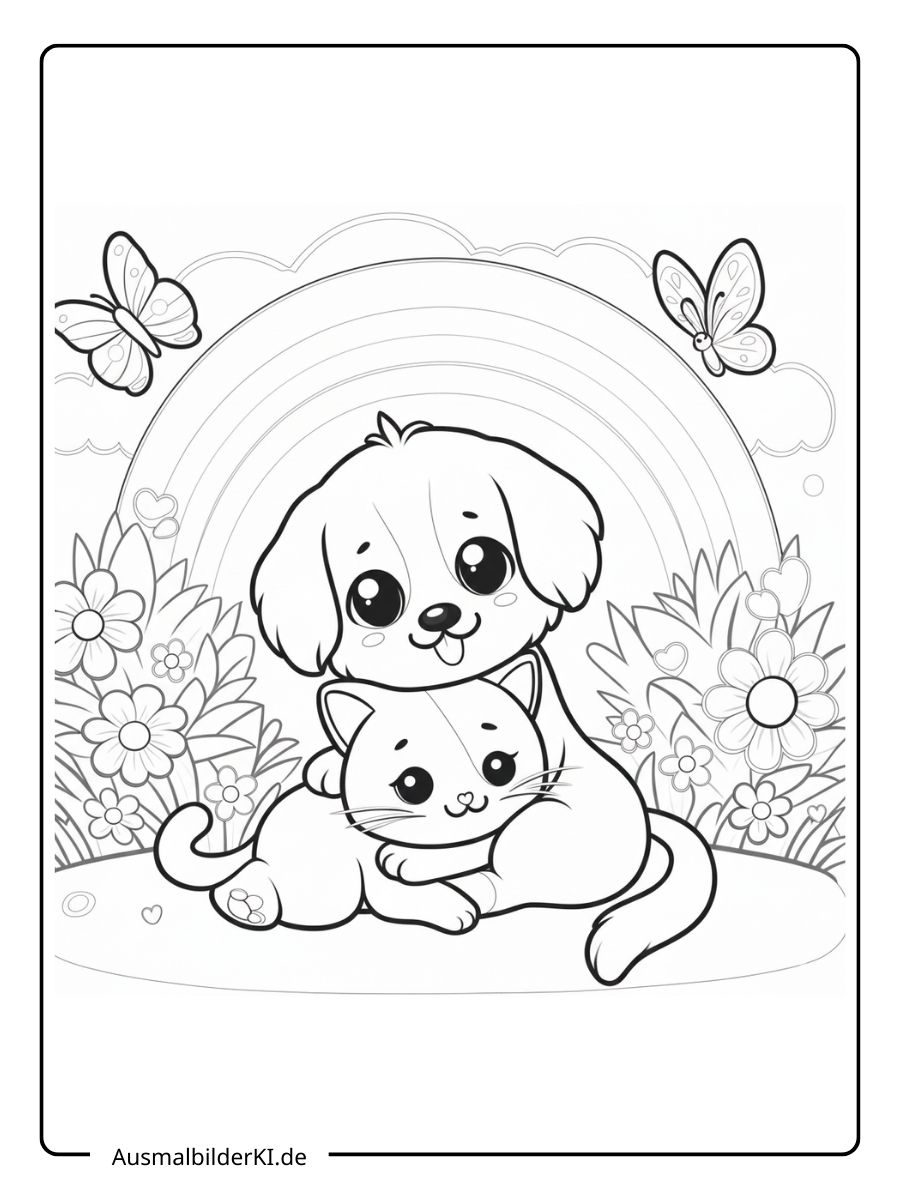 Ausmalbild süßer Welpe und kleine Katze kuscheln auf einer Wiese mit Blumen, Schmetterlingen und einem Regenbogen