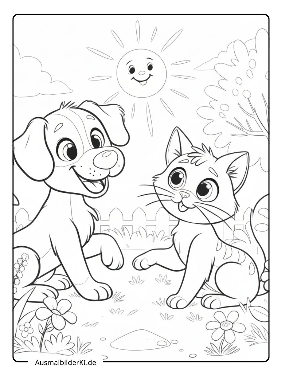 Einfaches Ausmalbild von Hund und Katze im Dschungel-Stil mit Blättern und Naturmotiven