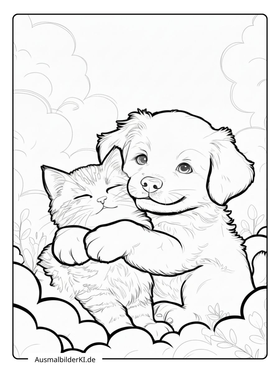 Einfaches Ausmalbild von Hund und Katze im Dschungel-Stil mit Blättern und Naturmotiven