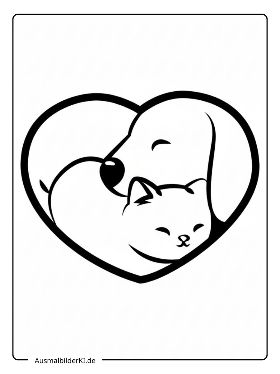 Einfaches Ausmalbild von Hund und Katze im Dschungel-Stil mit Blättern und Naturmotiven