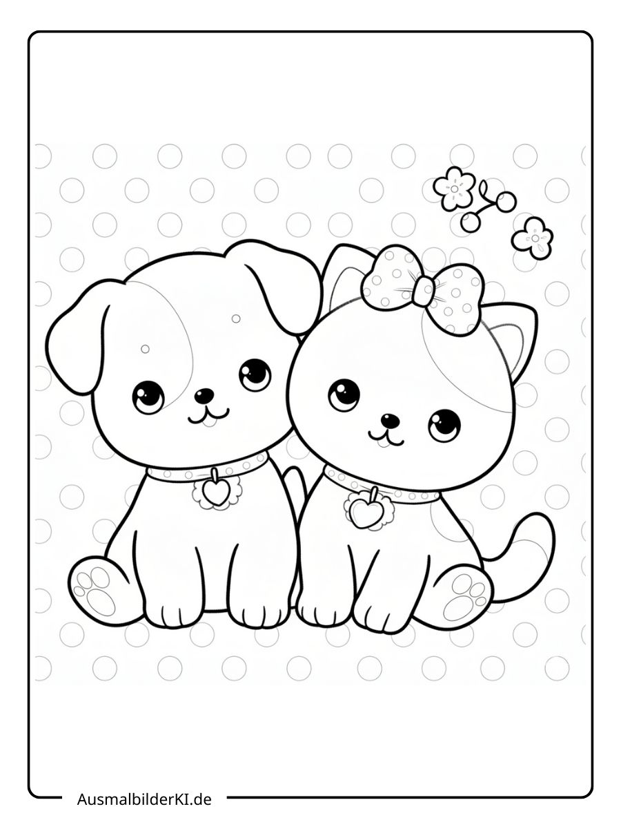 Ausmalbild süßer Hund und Katze mit Schleife und Herz-Halsbändern vor gepunktetem Hintergrund